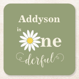 Sage Grönt Första födelsedag Daisy Underlägg Papper Kvadrat