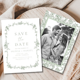 Sage Grönt Fransk Victorian Blommigt Photo Bröllop Spara Datumet