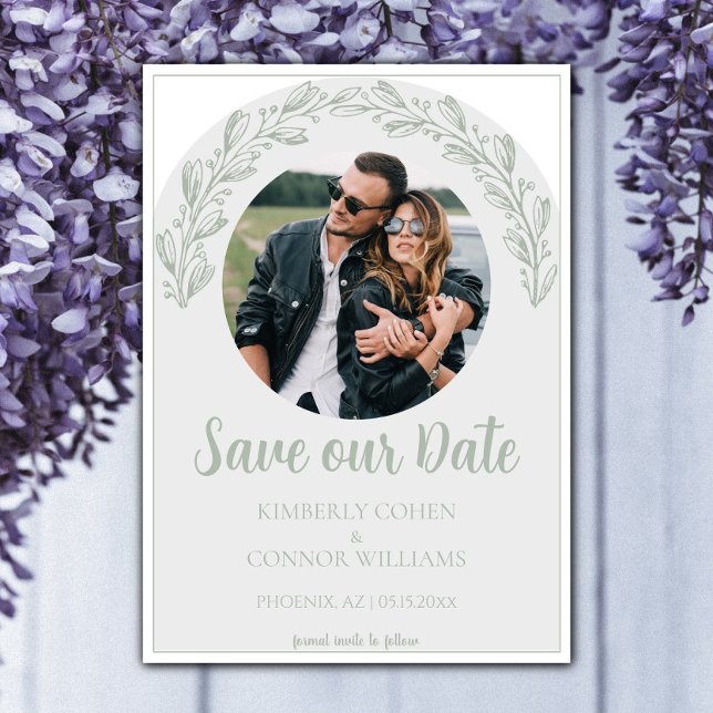 Sage Grönt Garland Photo Spara datum Spara Datumet (Sage Green Garland Photo Save the Date)