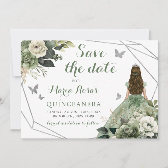 Sage Grönt Geometric Princess Quinceañera Blommigt Inbjudningar (Framsida)