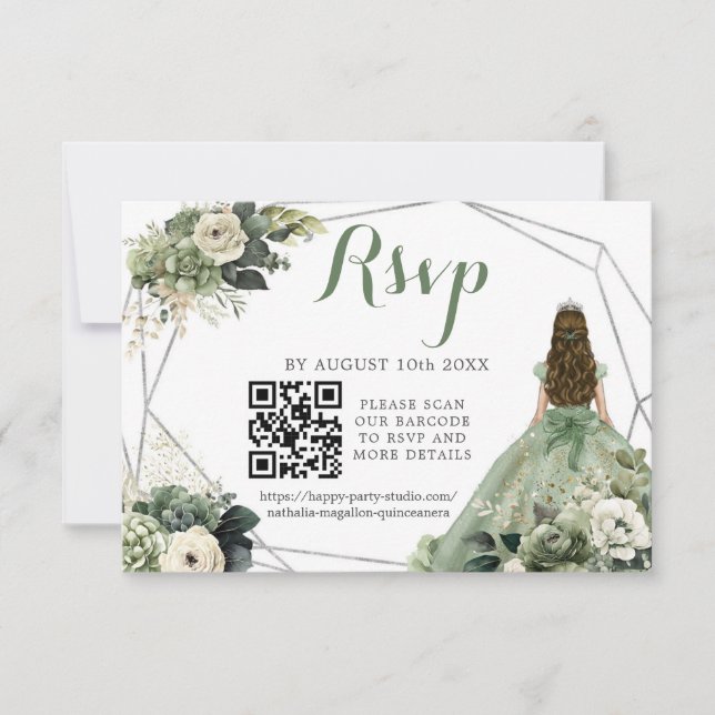 Sage Grönt Geometric Princess XV Años QR OSA Kort (Framsida)