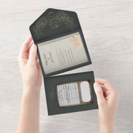 Sage Grönt Gilded Ro Bok bröllopsinbjudan