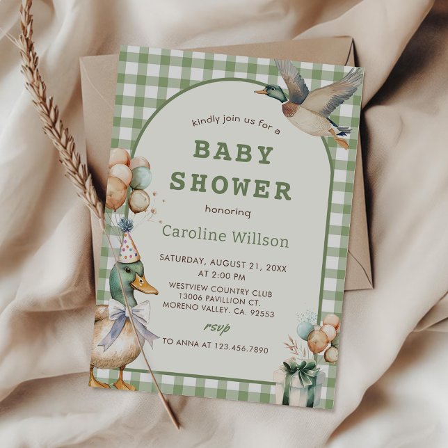 Sage Grönt Gingham Anka Baby Shower-inbjudan Inbjudningar (Skapare uppladdad)
