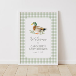 Sage Grönt Gingham Anka Baby Shower Välkomstskylt Poster