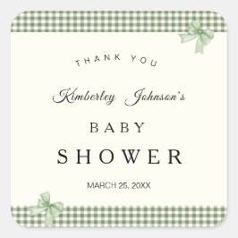 Sage Grönt Gingham Baby Shower-inbjudan & Bows Fyrkantigt Klistermärke