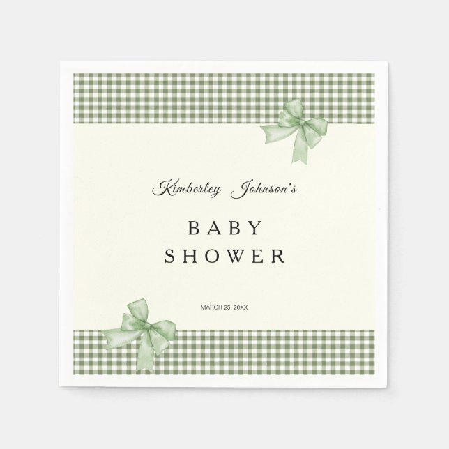 Sage Grönt Gingham Baby Shower-inbjudan & Bows Pappersservett (Framsidan)
