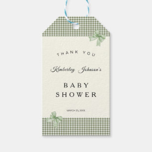 Sage Grönt Gingham Baby Shower-inbjudan & Bows Presentetikett