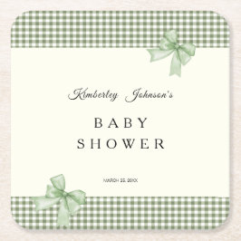 Sage Grönt Gingham Baby Shower-inbjudan & Bows Underlägg Papper Kvadrat