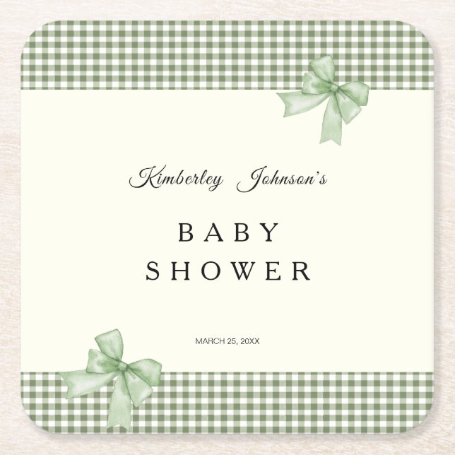 Sage Grönt Gingham Baby Shower-inbjudan & Bows Underlägg Papper Kvadrat (Framsidan)