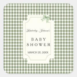 Sage Grönt Gingham Baby Shower-inbjudan med Bow Fyrkantigt Klistermärke