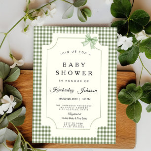 Sage Grönt Gingham Baby Shower-inbjudan med Bow Inbjudningar