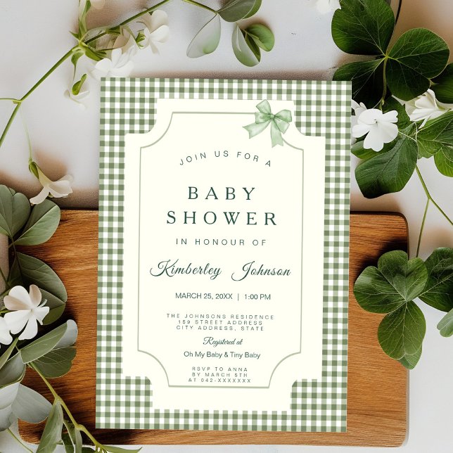 Sage Grönt Gingham Baby Shower-inbjudan med Bow Inbjudningar (Skapare uppladdad)
