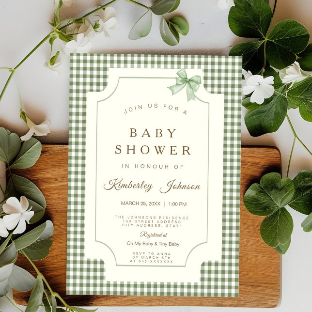 Sage Grönt Gingham Baby Shower-inbjudan med Bow Inbjudningar (Skapare uppladdad)
