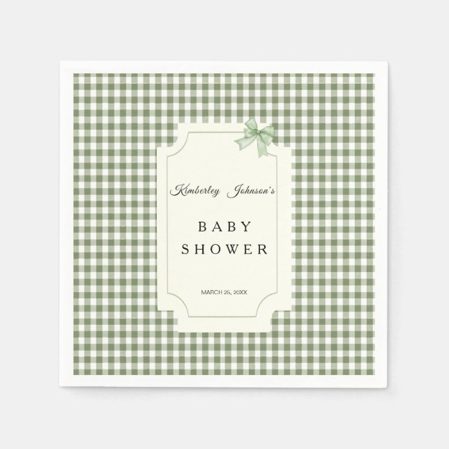 Sage Grönt Gingham Baby Shower-inbjudan med Bow Pappersservett (Framsidan)