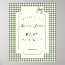 Sage Grönt Gingham Baby Shower-inbjudan med Bow