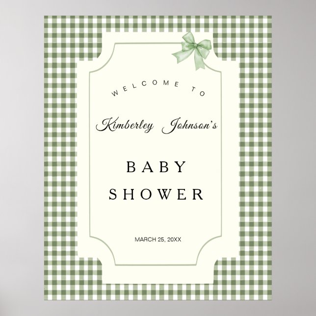 Sage Grönt Gingham Baby Shower-inbjudan med Bow Poster (Framsidan)