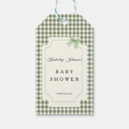 Sage Grönt Gingham Baby Shower-inbjudan med Bow Presentetikett