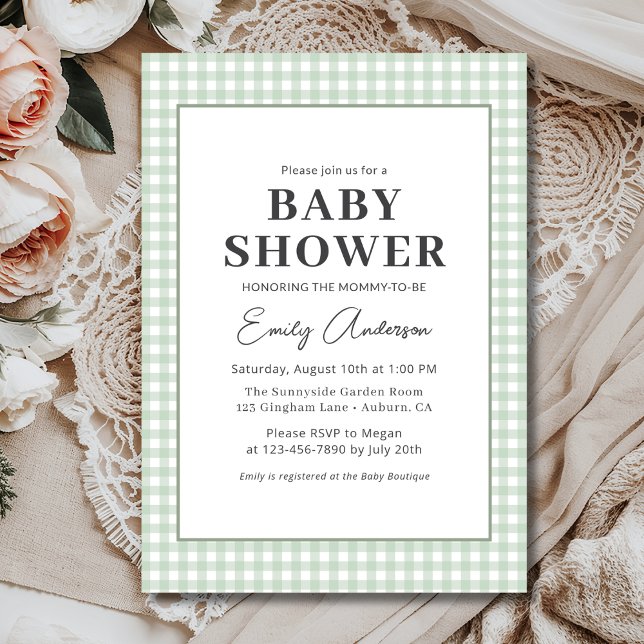 Sage Grönt Gingham Baby Shower Inbjudningar (Skapare uppladdad)