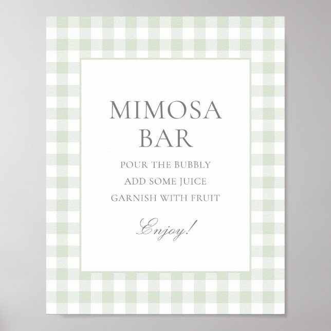 Sage Grönt Gingham Baby Shower Mimosa Pub Poster (Framsidan)