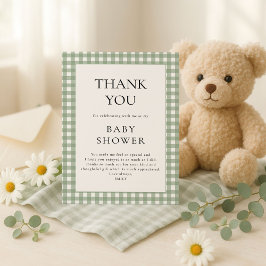 Sage Grönt Gingham Baby Shower Tack för ditt kort