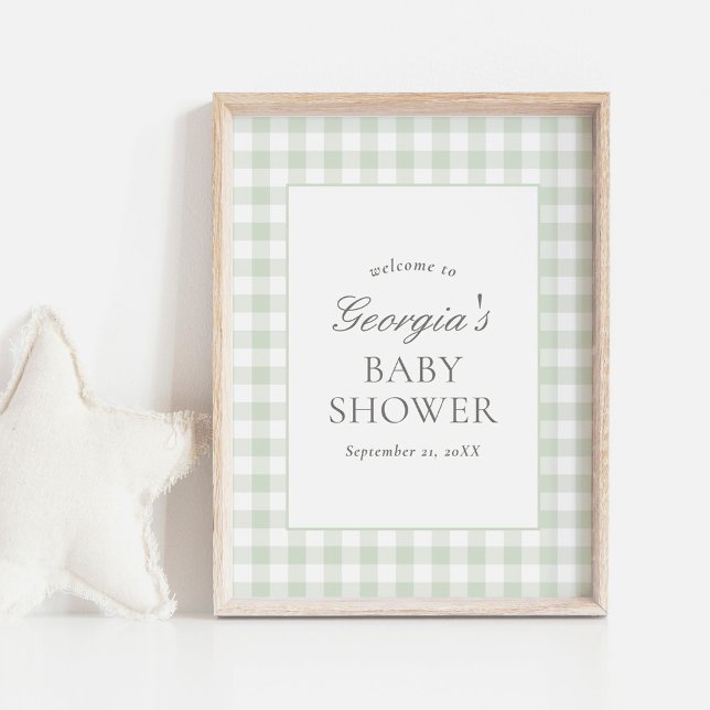 Sage Grönt Gingham Baby Shower Välkomstskylt Poster (Skapare uppladdad)