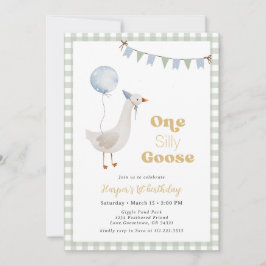 Sage Grönt Gingham Boy Ett Fånig Goose Birthday Inbjudningar