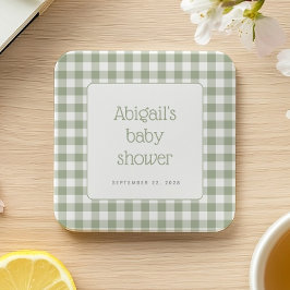 Sage Grönt Gingham Check Rustic Baby Shower Underlägg Papper Kvadrat