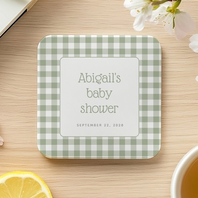 Sage Grönt Gingham Check Rustic Baby Shower Underlägg Papper Kvadrat (Skapare uppladdad)