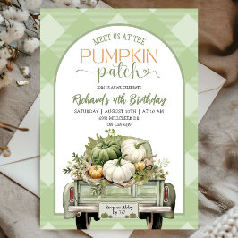 Sage Grönt Gingham Fall Pumpkin Patch Birthday Inbjudningar