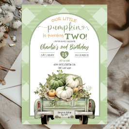 Sage Grönt Gingham Fall Pumpkin Theme Birthday Inbjudningar