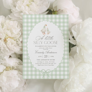 Sage Grönt Gingham Fånig Goose Baby Shower Inbjudningar