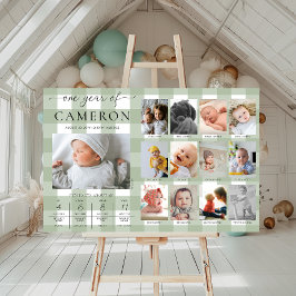 Sage Grönt Gingham First Birthday Photo Milestone Poster