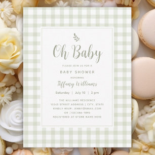 Sage Grönt Gingham Gender Neutral Oh Baby Shower Inbjudningar