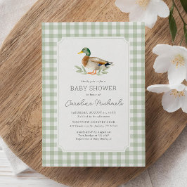 Sage Grönt Gingham Mallard Anka Baby Shower Inbjudningar