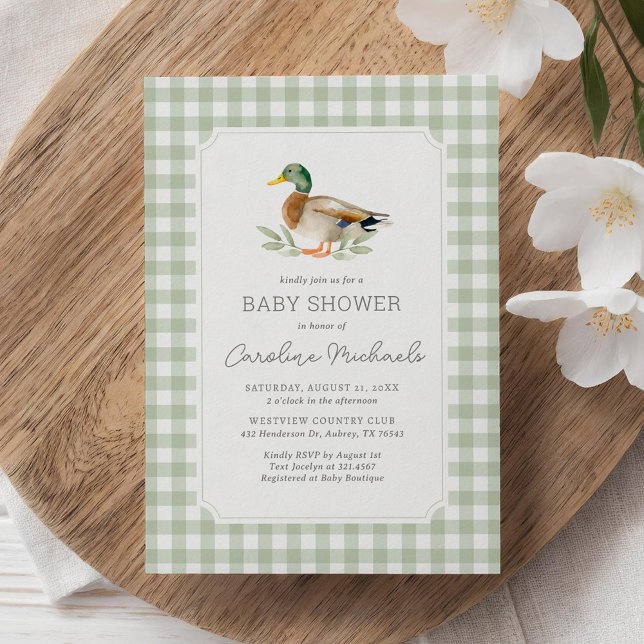 Sage Grönt Gingham Mallard Anka Baby Shower Inbjudningar (Skapare uppladdad)