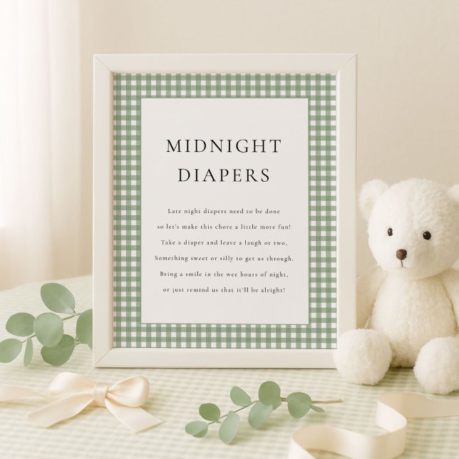 Sage Grönt Gingham Midnight Diaper Baby Shower Poster (Skapare uppladdad)