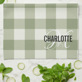 Sage grönt gingham monogram namn kökshandduk