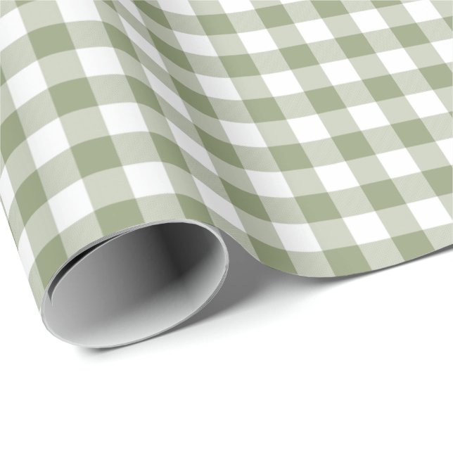 Sage Grönt Gingham Neutralt Elegant Checks Mönster Presentpapper (Rullad Hörn)