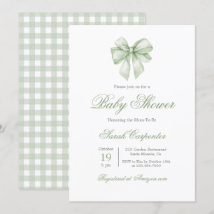 Sage Grönt Gingham och Bow Baby Shower Inbjudningar