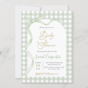 Sage Grönt Gingham och Bow Baby Shower Inbjudningar