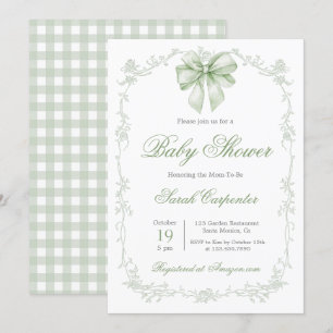 Sage Grönt Gingham och Bow Baby Shower Inbjudningar