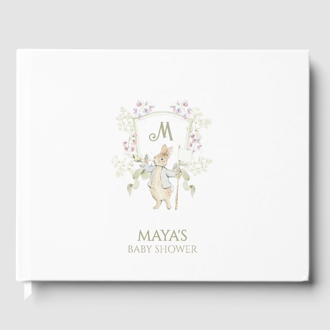 Sage Grönt Gingham Peter, Rabbit Baby Shower Gästböcker (Framsida)