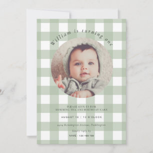 Sage Grönt Gingham Photo Birthday Inbjudningar