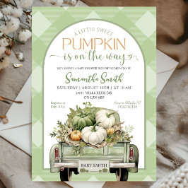 Sage Grönt Gingham Pumpkin Lastbil Baby Shower Inbjudningar