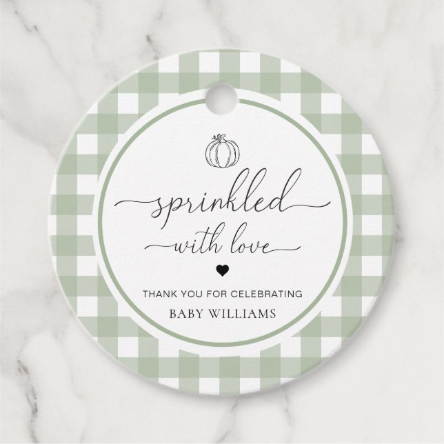 Sage Grönt Gingham Pumpkin Sprinkled with Kärlek Gåvor Etiketter (Framsida)