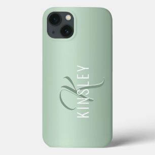 Sage Grönt Girly Script Monogram Namn Modern
