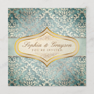 Sage Grönt Glimmer Damask Wedding Inbjudan