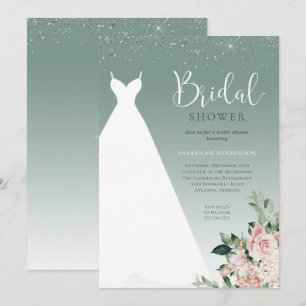 Sage Grönt Glitter Bröllop Dress Möhippa Inbjudningar