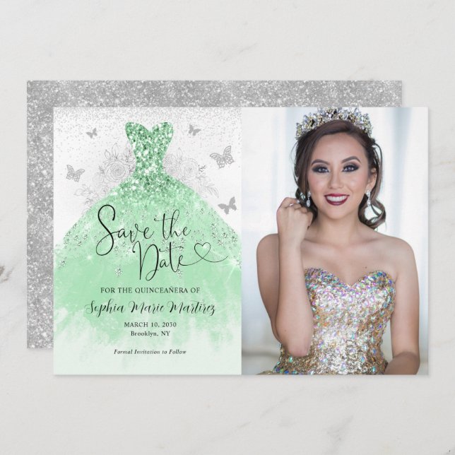 Sage Grönt Glitter Dress Quinceañera Photo Spara Datumet (Fram/baksida)