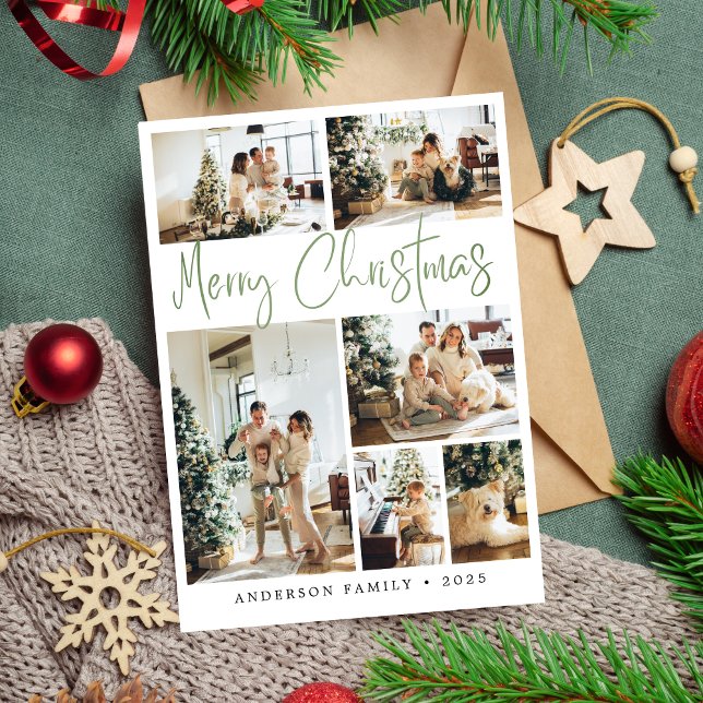 Sage Grönt God jul Calligraphy Photo Julkort (Skapare uppladdad)